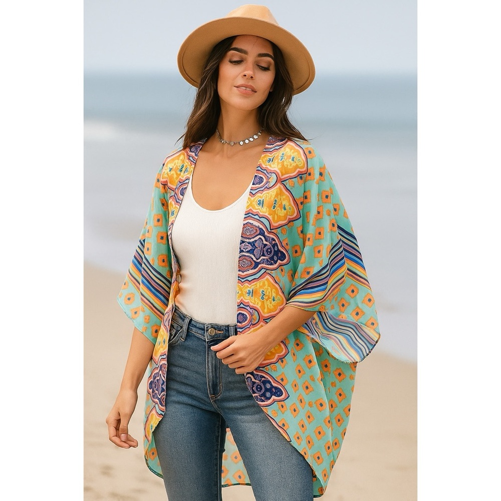 Isle Apparel | Vibrant Geo Aztec Lightweight Coverup Boho Mini Kimono